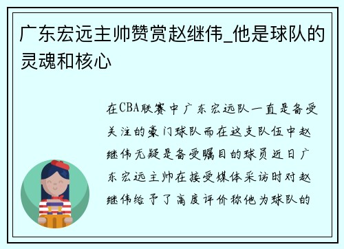广东宏远主帅赞赏赵继伟_他是球队的灵魂和核心