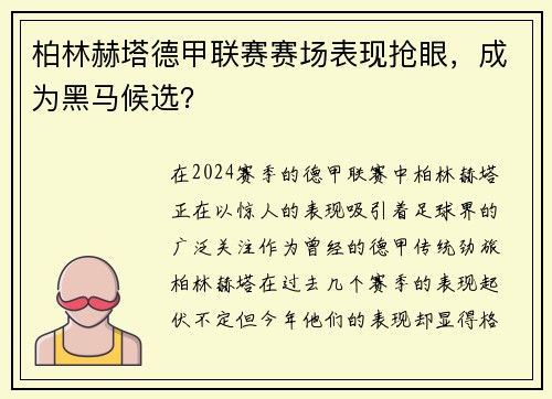 柏林赫塔德甲联赛赛场表现抢眼，成为黑马候选？