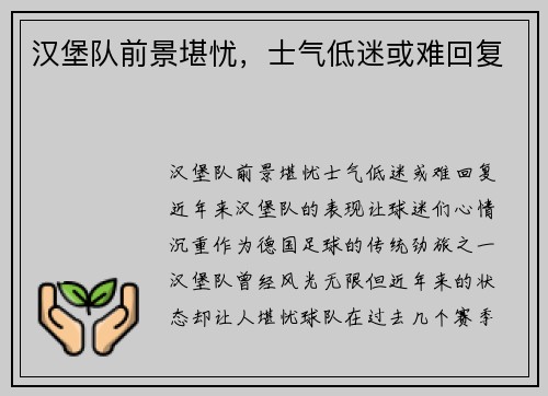 汉堡队前景堪忧，士气低迷或难回复
