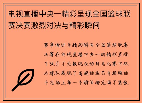 电视直播中央一精彩呈现全国篮球联赛决赛激烈对决与精彩瞬间